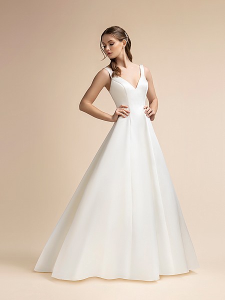 Simple Satin A-line Wedding Dress with V-neckline and Side Pockets Moonlight T908 Simple Satin A-line Wedding Dress with V-neckline and Side Pockets Moonlight T908
