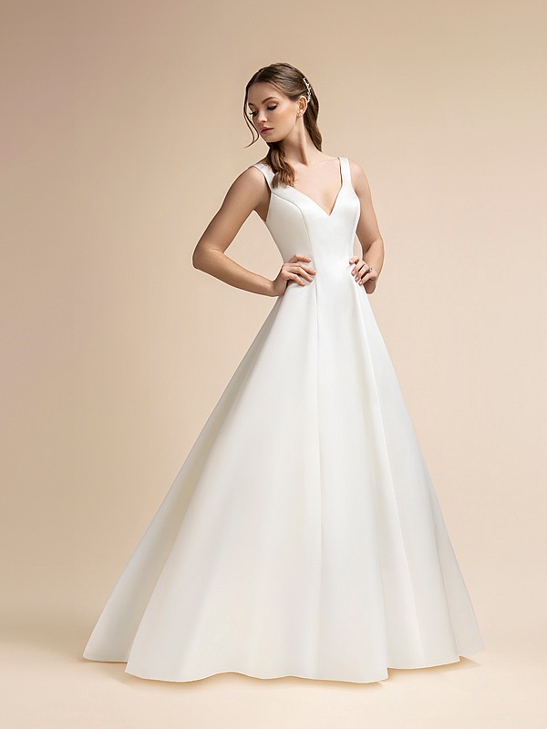 Simple Satin A-line Wedding Dress with V-neckline and Side Pockets Moonlight T908 Simple Satin A-line Wedding Dress with V-neckline and Side Pockets Moonlight T908