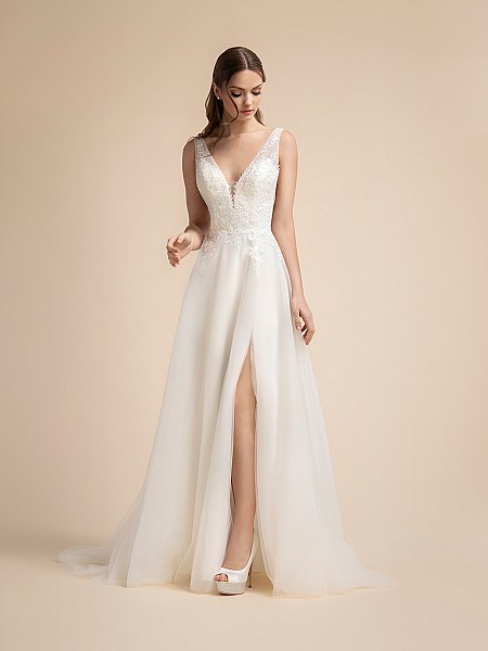 Tulle A-line Bridal Gown with Leg Slit and illusion Straps Moonlight T909 Tulle A-line Bridal Gown with Leg Slit and illusion Straps Moonlight T909