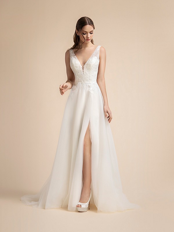 Tulle A-line Bridal Gown with Leg Slit and illusion Straps Moonlight T909