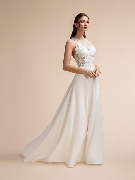 Chic Lace Halter Neckline Wedding Dress with Satin Skirt Moonlight T910