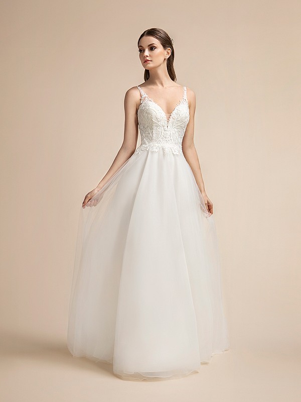 Lace Bodice Flowy A-line Wedding Dress with Sweetheart Neckline and Illusion Straps Moonlight T911 