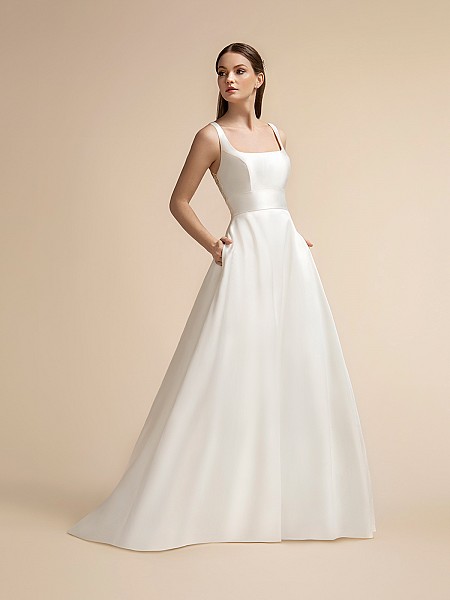 Sleek Mikado Full A-line Wedding Dress with Square Neckline and Pockets Moonlight T913