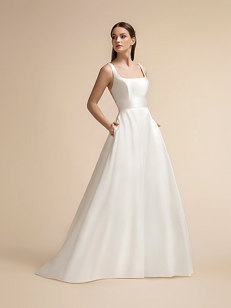Sleek Mikado Full A-line Wedding Dress with Square Neckline and Pockets Moonlight T913 Sleek Mikado Full A-line Wedding Dress with Square Neckline and Pockets Moonlight T913