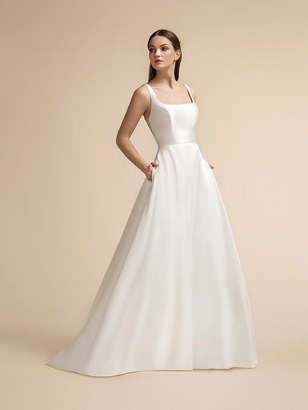 Sleek Mikado Full A-line Wedding Dress with Square Neckline and Pockets Moonlight T913 Sleek Mikado Full A-line Wedding Dress with Square Neckline and Pockets Moonlight T913