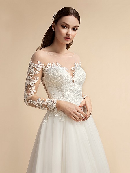 Romantic Long Illusion Lace Sleeve A-line Wedding Dress Moonlight T914 Romantic Long Illusion Lace Sleeve A-line Wedding Dress Moonlight T914