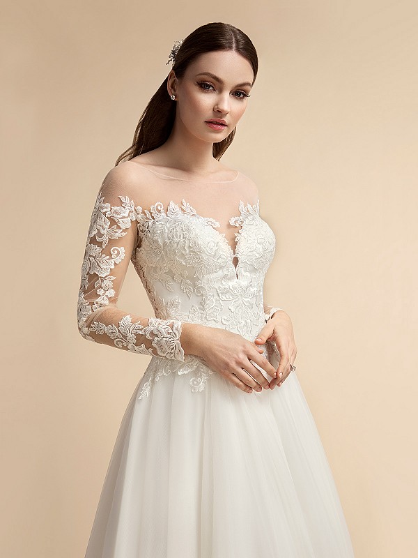 Romantic Long Illusion Lace Sleeve A-line Wedding Dress Moonlight T914
