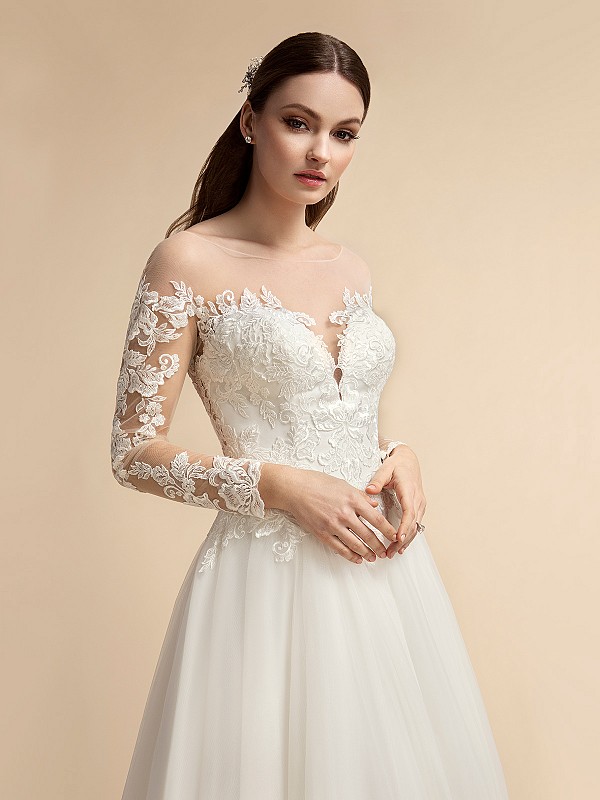 Romantic Long Illusion Lace Sleeve A-line Wedding Dress Moonlight T914 Romantic Long Illusion Lace Sleeve A-line Wedding Dress Moonlight T914