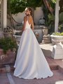 Moonlight Tango T921 chic satin A-line wedding gown with spaghetti straps and deep V-shaped back with buttons to the end of train