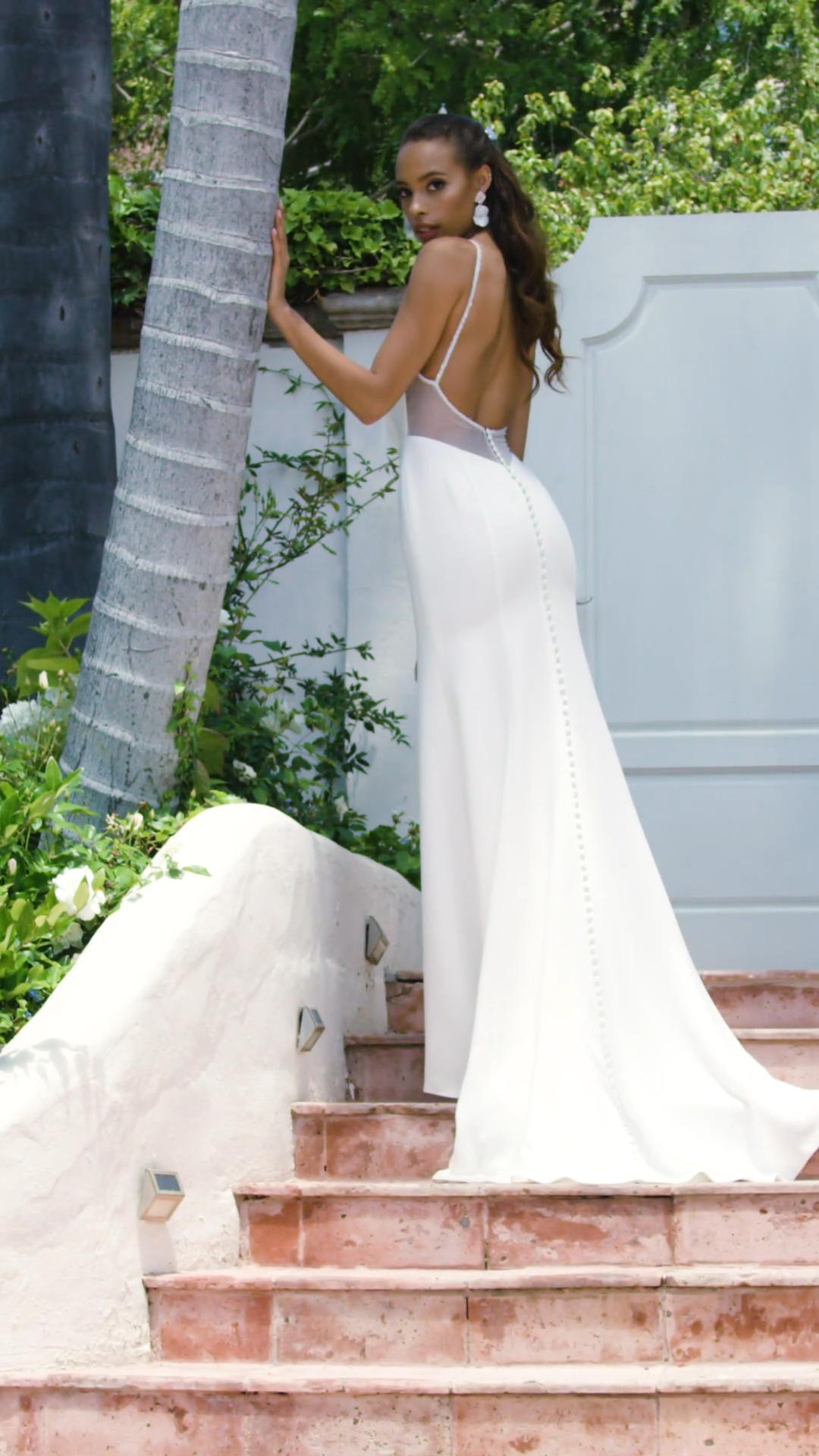 Moonlight Tango T922 sleek stretch crepe mermaid wedding dress with deep sweetheart beaded trim illusion button closure back