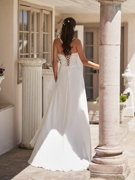 Moonlight Tango T923 eye-catching crisscross lace-up back flowing A-line silhouette with sweep train