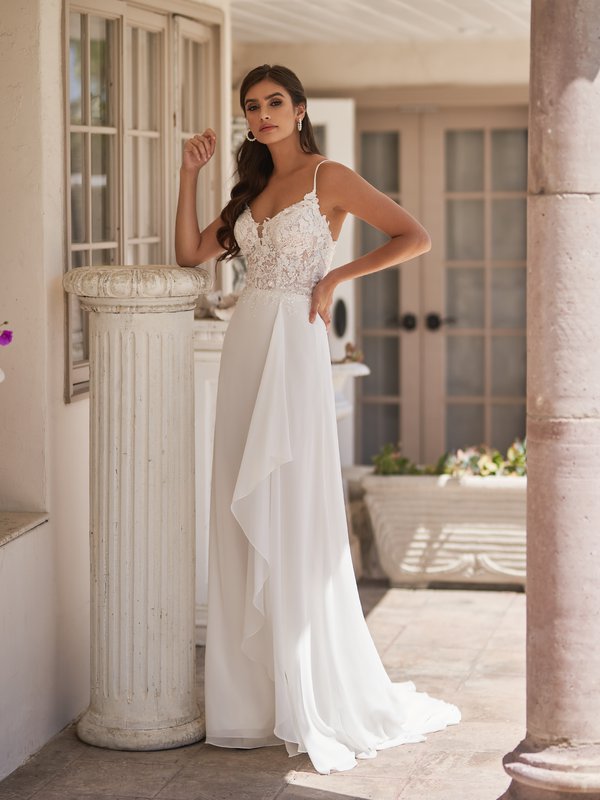 Moonlight Tango T923 boho-inspired chiffon A-line with side drape elegant sequin lace appliques and thin straps Moonlight Tango T923 boho-inspired chiffon A-line with side drape elegant sequin lace appliques and thin straps