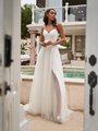 Moonlight Tango T924 deep sweetheart A-line gown wedding dress with lace straps with eye-catching slit on front skirt lining
