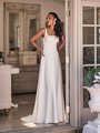 Moonlight Tango T925 modern crepe A-line bridal gown square neck with thick straps and couture band at waist Moonlight Tango T925 modern crepe A-line bridal gown square neck with thick straps and couture band at waist