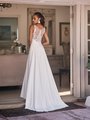 Moonlight Tango T925 chic crepe wedding dress with illusion bateau back lace appliques and couture belt at waist with sweep train Moonlight Tango T925 chic crepe wedding dress with illusion bateau back lace appliques and couture belt at waist with sweep train