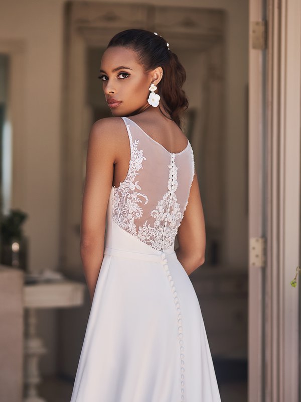 Moonlight Tango T925 crepe wedding dress with illusion bateau back with buttons and loops and lace appliques
