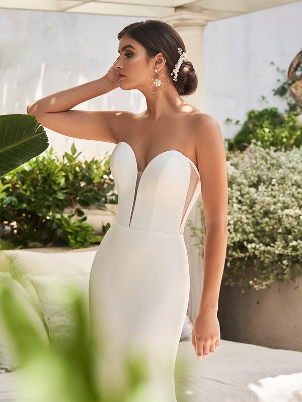 Moonlight Tango T926 minimalist strapless sweetheart with illusion inset regal crepe mermaid bridal gown Moonlight Tango T926 minimalist strapless sweetheart with illusion inset regal crepe mermaid bridal gown