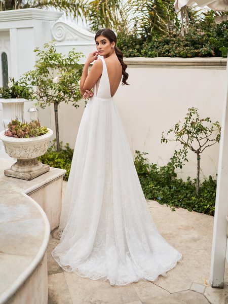 Moonlight Tango T927 elegant beachy A-line embroidered sparkle net skirt with fitted deep beaded V-back with sweep train