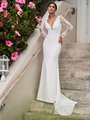 Moonlight Tango T928 elegant stretch crepe back satin mermaid with long sleeves and lace appliques trim waist