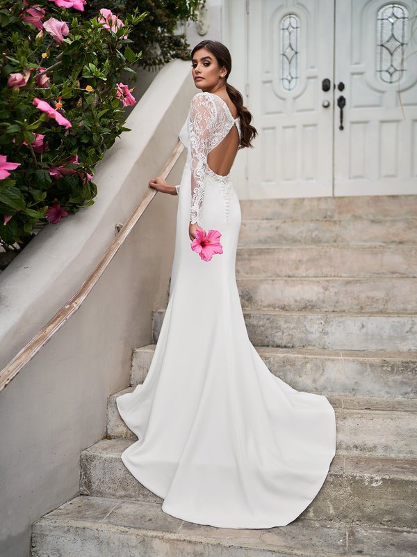 Moonlight Tango T928 Chantilly lace long sleeves mermaid wedding dress with keyhole back and sweep train Moonlight Tango T928 Chantilly lace long sleeves mermaid wedding dress with keyhole back and sweep train