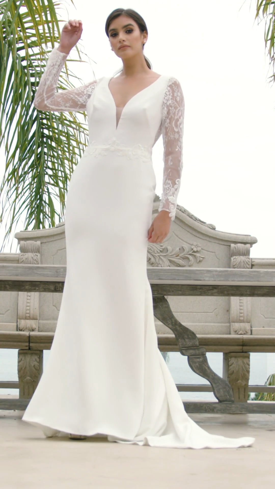Moonlight Tango T928 timeless deep V-neck and keyhole back mermaid gown in stretch crepe and Chantilly lace long sleeves