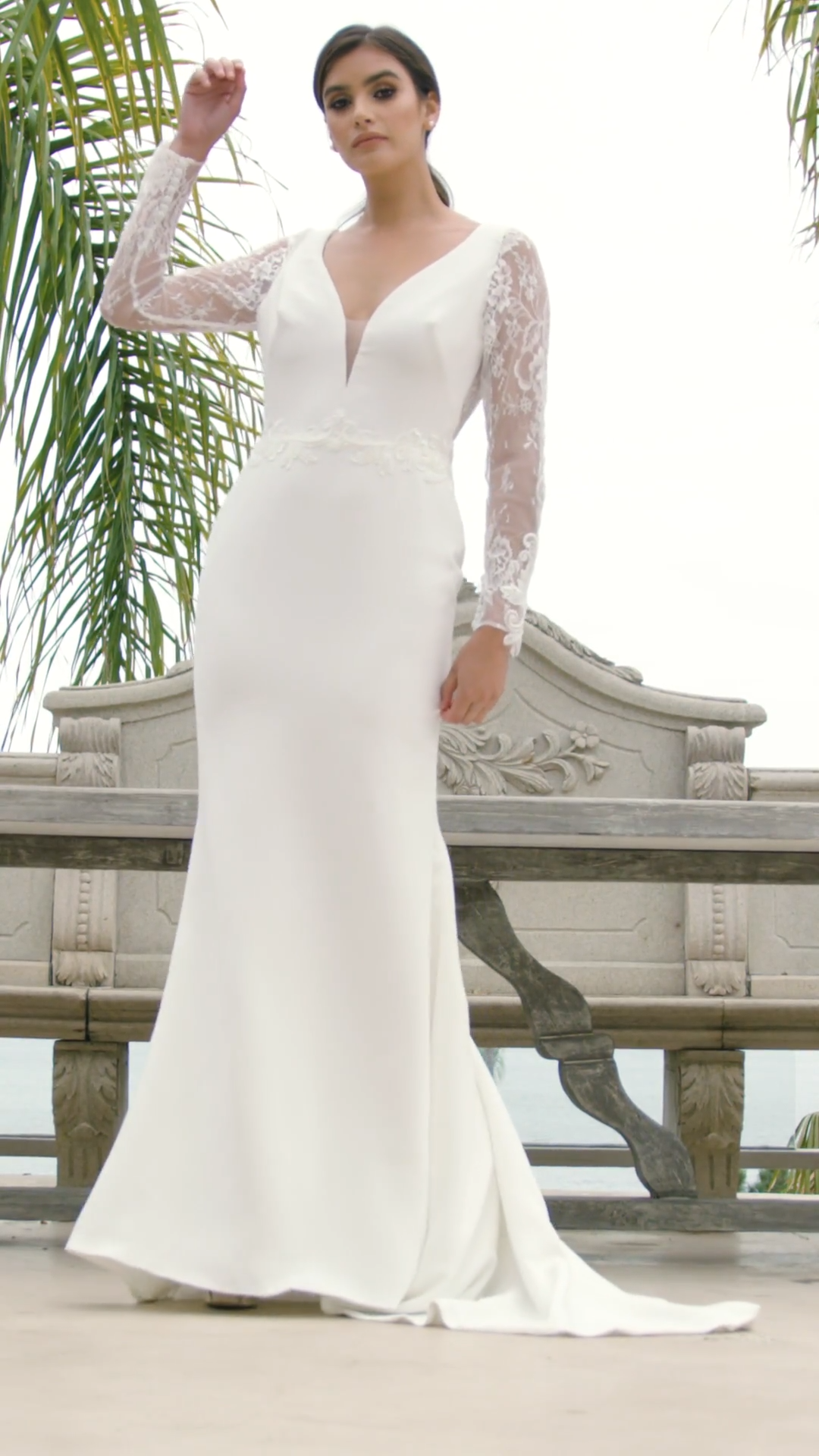 Moonlight Tango T928 timeless deep V-neck and keyhole back mermaid gown in stretch crepe and Chantilly lace long sleeves Moonlight Tango T928 timeless deep V-neck and keyhole back mermaid gown in stretch crepe and Chantilly lace long sleeves