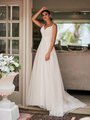 Moonlight Tango T929 soft full A-line skirt wedding dress with surplice sweetheart and lace appliques along the bodice and straps