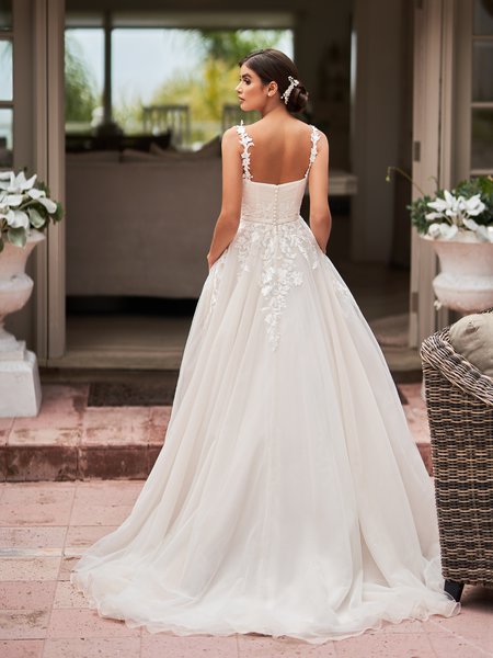 Moonlight Tango T929 voluminous net A-line gown with open back with lace straps and buttons along zipper with sweep train Moonlight Tango T929 voluminous net A-line gown with open back with lace straps and buttons along zipper with sweep train