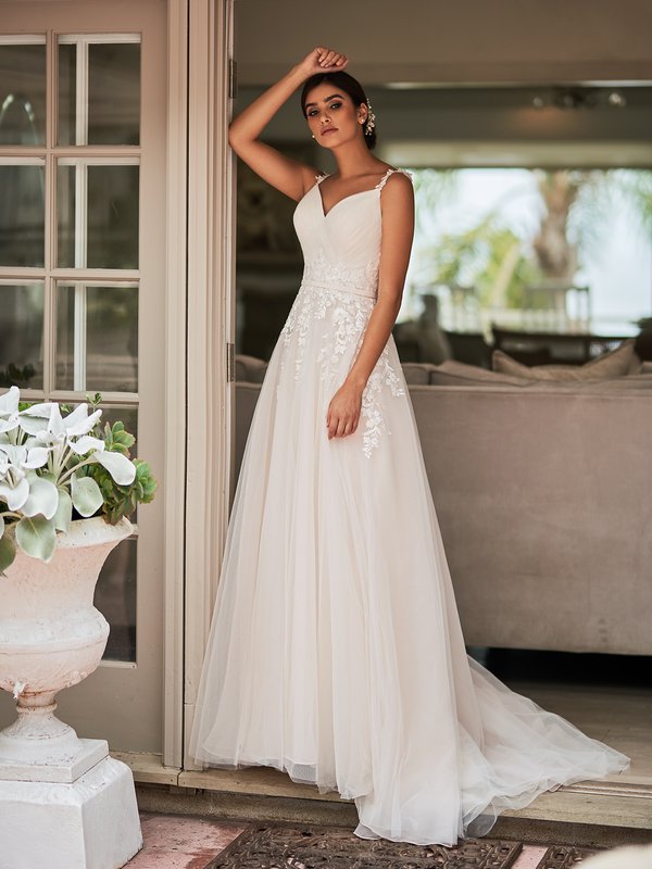 Moonlight Tango T929 soft full A-line skirt wedding dress with surplice sweetheart and lace appliques along the bodice and straps Moonlight Tango T929 soft full A-line skirt wedding dress with surplice sweetheart and lace appliques along the bodice and straps