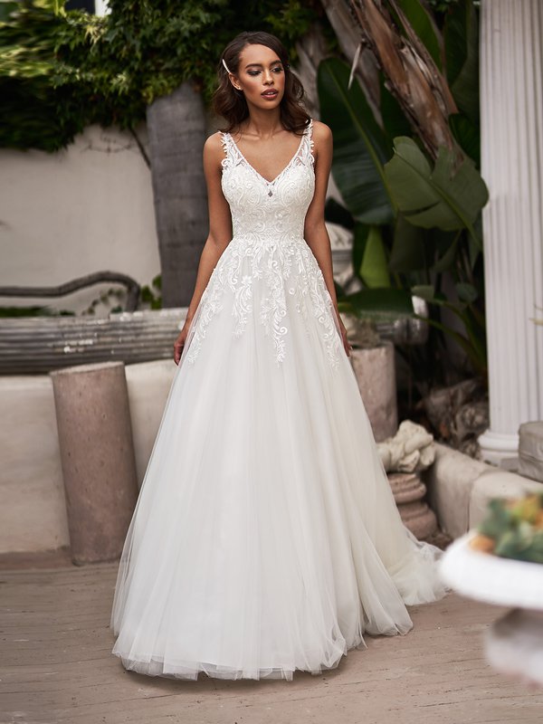 Moonlight Tango T930 beautiful net A-line gown with natural waistline and re-embroidered lace appliques and beaded V-neckline