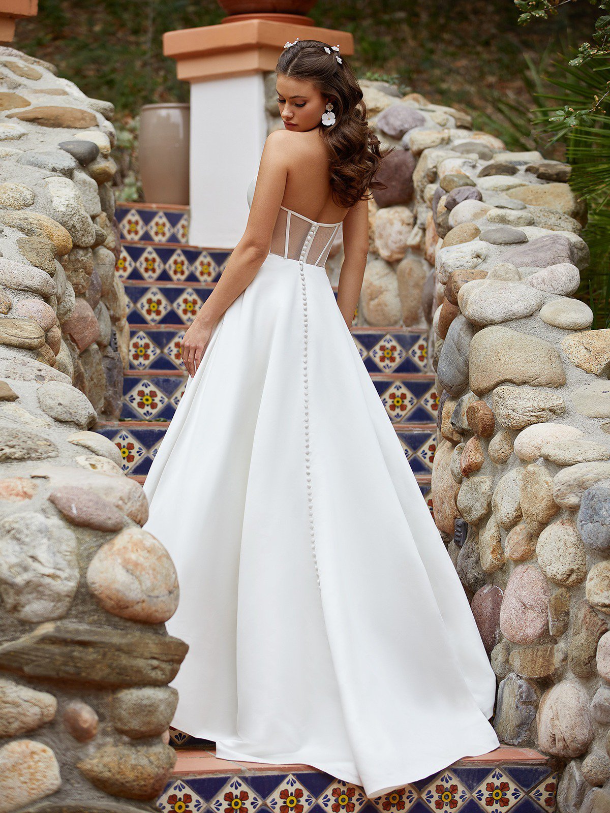 Style T931 Simple Satin A-Line Wedding Gown with Detachable Puff Sleeves