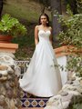 Moonlight Tango T931 Simple Satin Full A-Line Wedding Dress with Strapless Surplice Sweetheart Neckline and Pockets