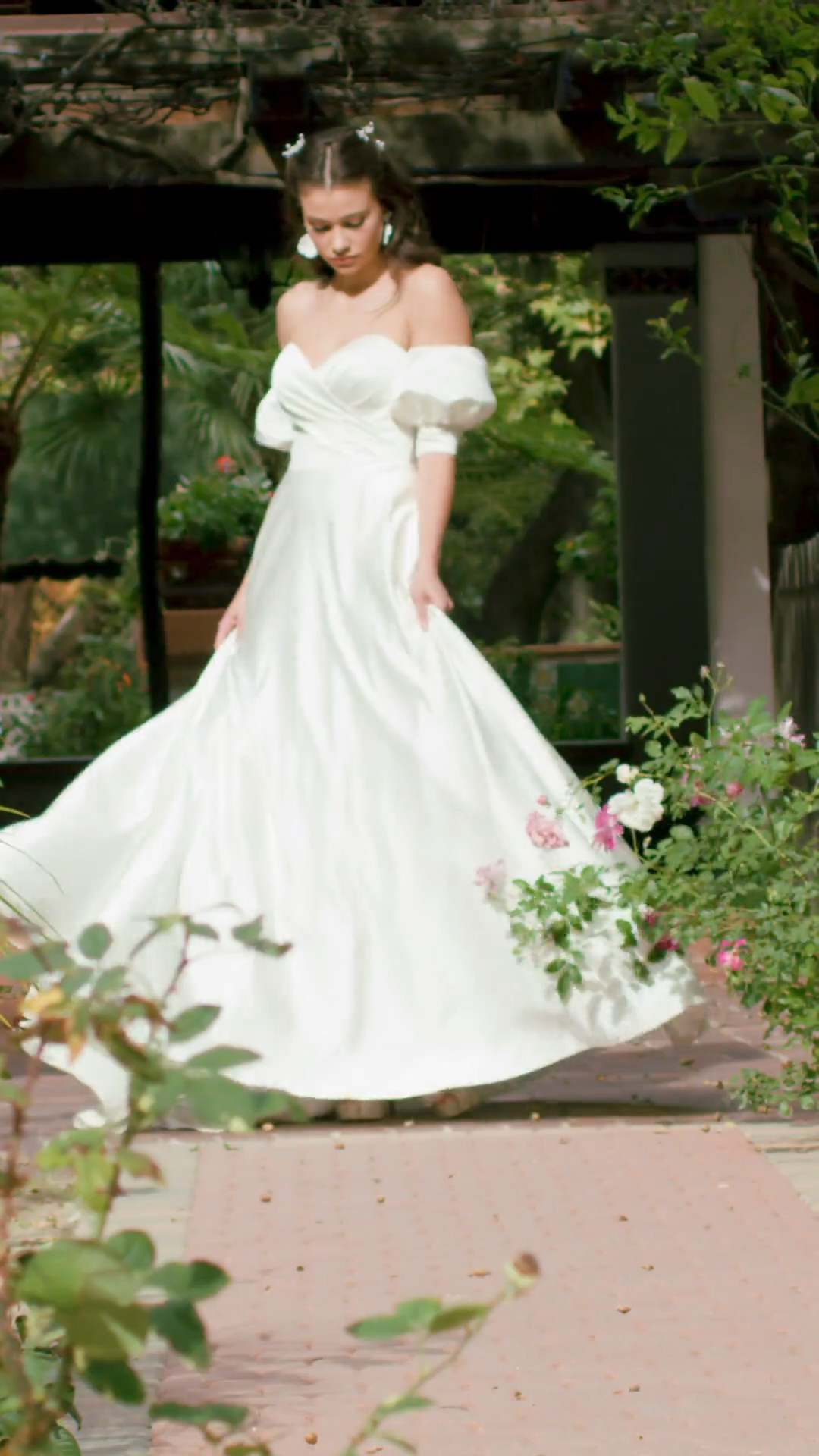 Moonlight Tango T931 Elegant Satin Full A-Line Wedding Dress with Surplice Sweetheart and Detachable Satin Puff Sleeves 