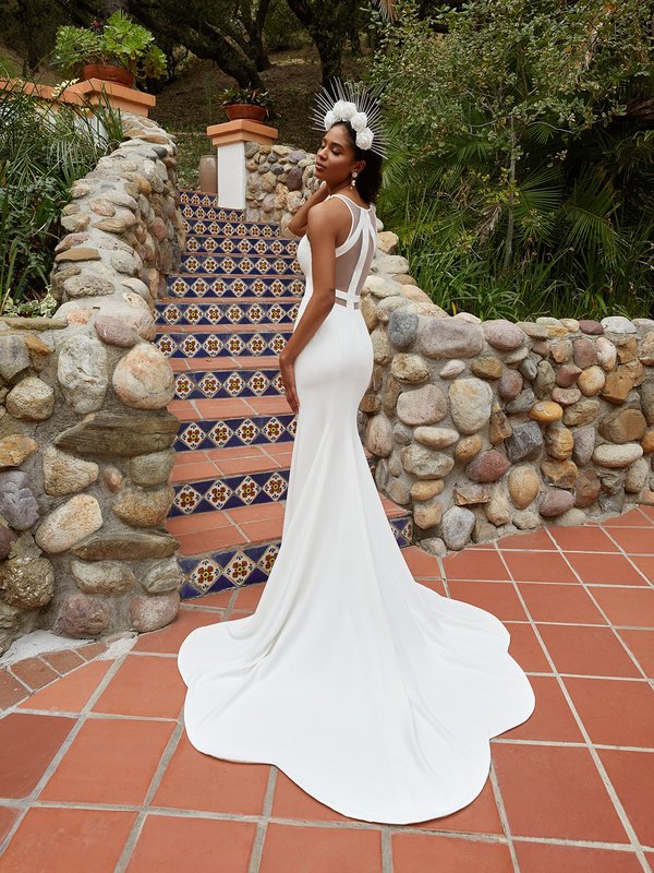 Moonlight Tango T932 Modern Illusion Cutout Racerback Mermaid Wedding Gown With Scalloped Sweep Train