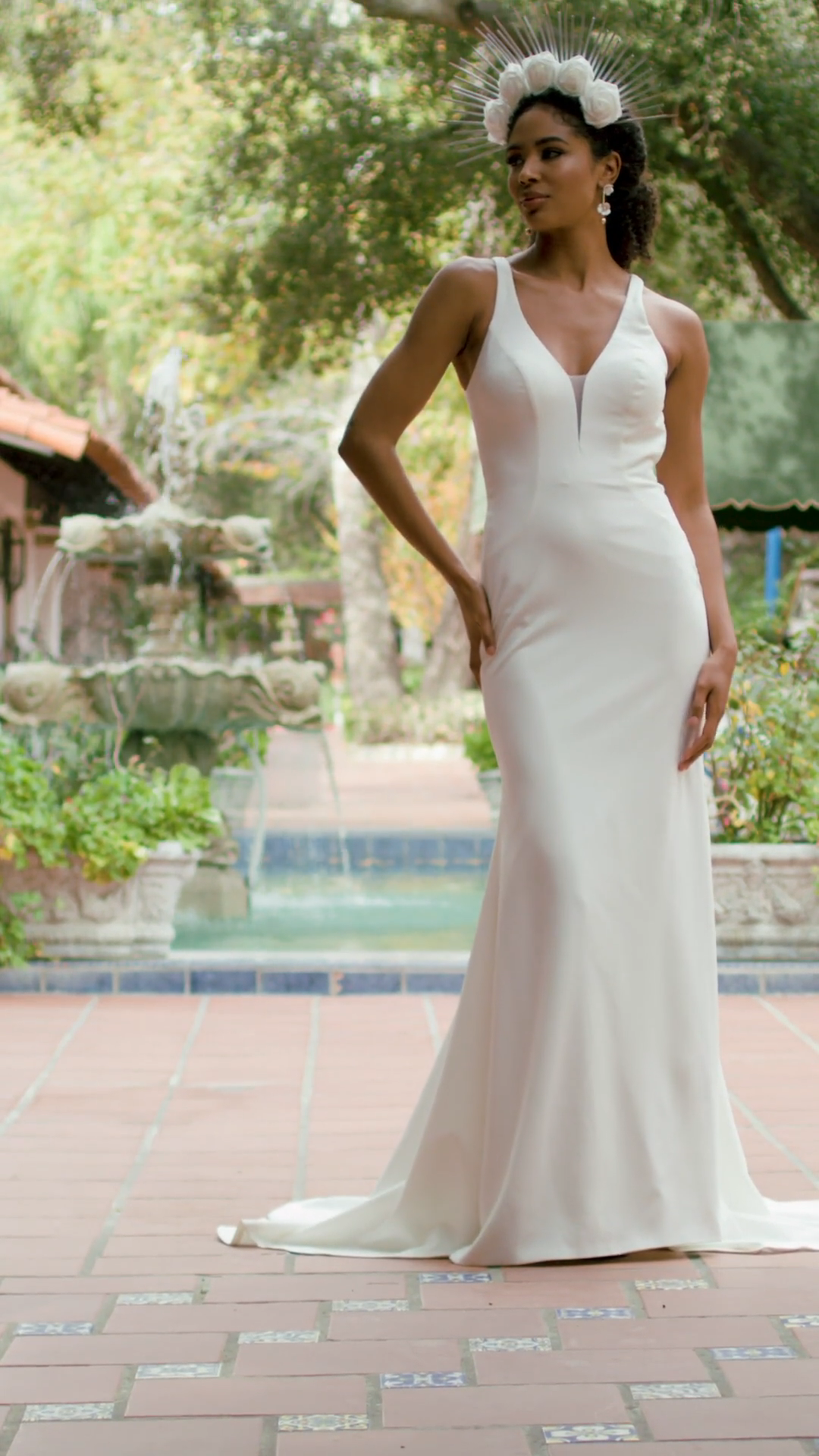 Moonlight Tango T932 Sexy Regal Crepe Mermaid Wedding Gown With Illusion Cutouts Racerback And Scalloped Sweep Train