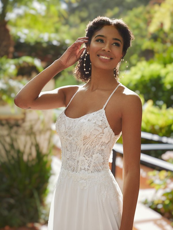 Moonlight Tango T934 Floral Lace Halter Neck Beach Wedding Dress with Beaded Halter Straps And Corset Boned Bodice 