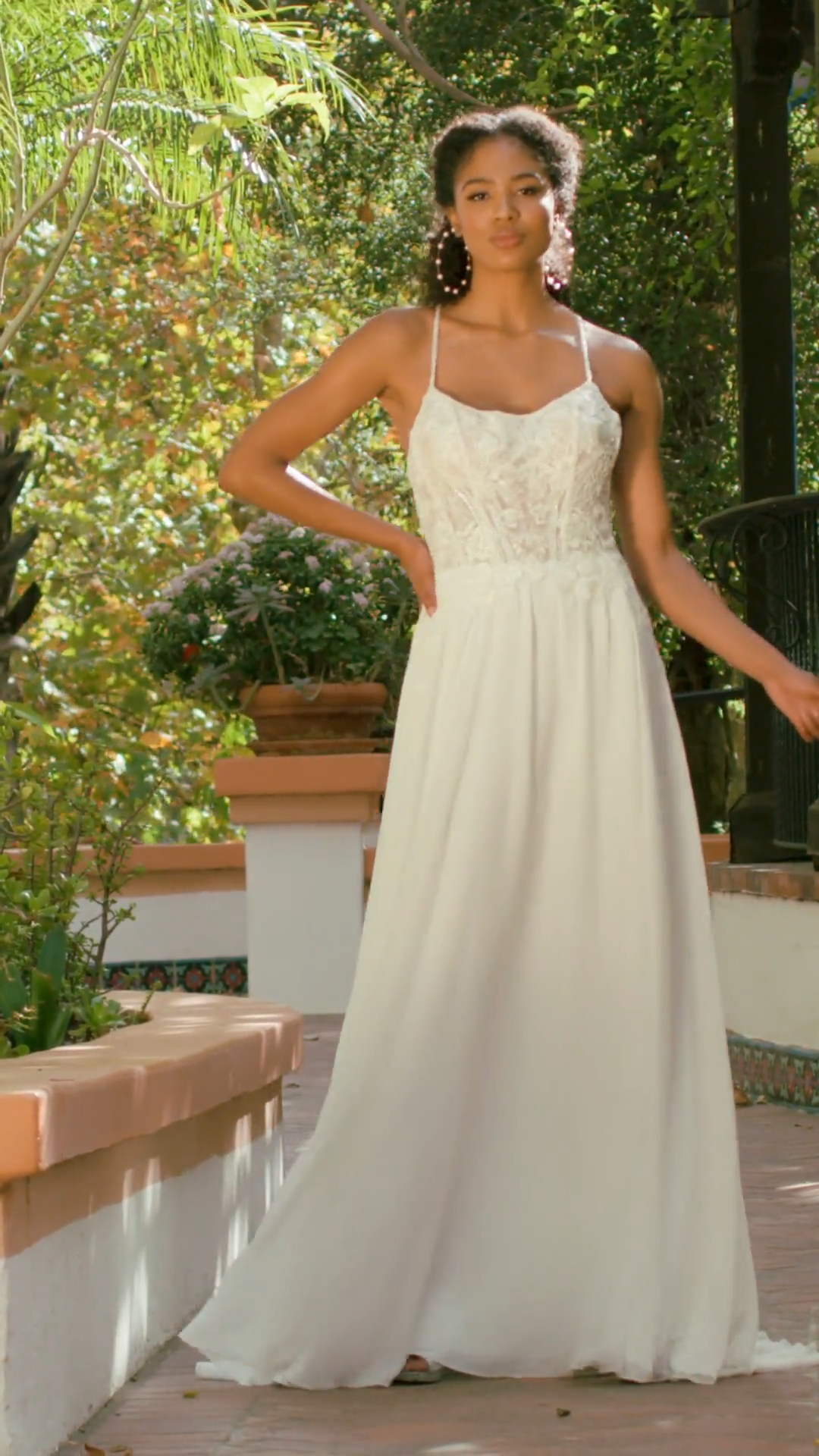 Moonlight Tango T934 Beaded Halter Strap Floral Lace Bodice Wedding Dress With Flowing Chiffon A-Line Skirt Moonlight Tango T934 Beaded Halter Strap Floral Lace Bodice Wedding Dress With Flowing Chiffon A-Line Skirt