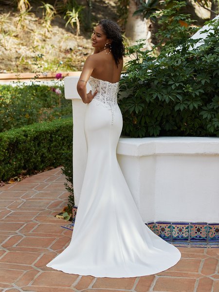 Moonlight Tango T936 Sultry Sheer Bodice Ornate Lace Open Back Wedding Dress With Crepe Sweep Train And Buttons Along Zipper