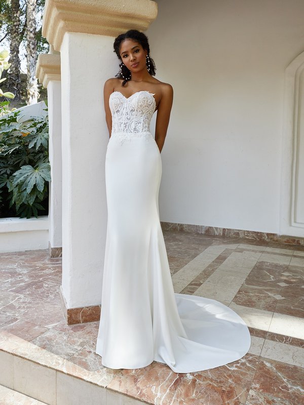 Moonlight Tango T936 Sexy Drop Waist Crepe Mermaid Dress with Sheer Lace And Sparkle Tulle Strapless Sweetheart Bodice 