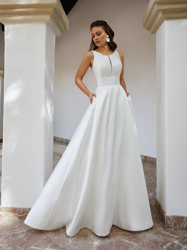 Moonlight Tango T938 Elegant Mikado A-Line Dress With Narrow Illusion Inset Scoop Neckline And Wide Waist Band