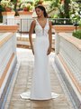 Moonlight Tango T939 Casual Crepe Mermaid Wedding Gown With Unlined Bodice and Glitter Floral Lace Appliques