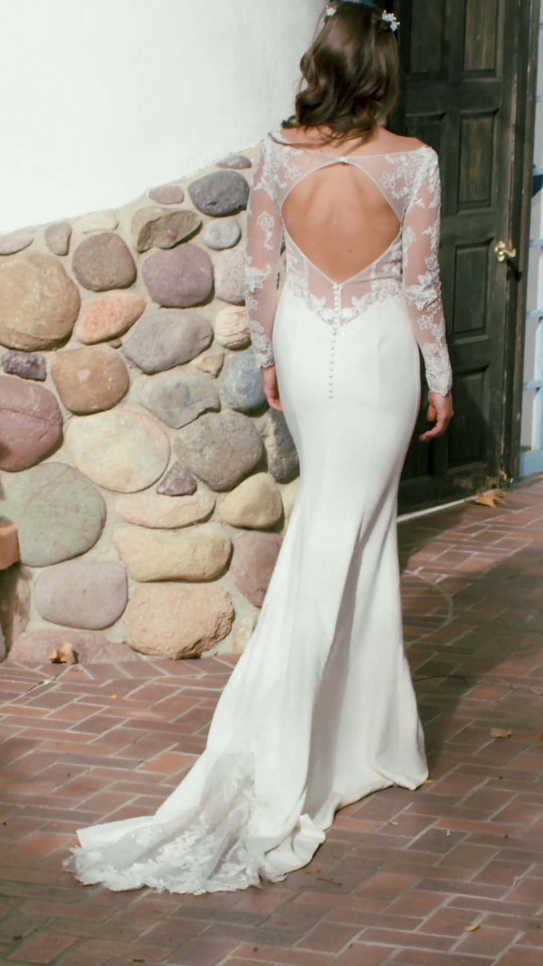 Moonlight Tango T940 Dreamy Crepe Mermaid Bridal Gown With Illusion Long Sleeves and Keyhole Back With Lace Cutout Sweep Train Moonlight Tango T940 Dreamy Crepe Mermaid Bridal Gown With Illusion Long Sleeves and Keyhole Back With Lace Cutout Sweep Train