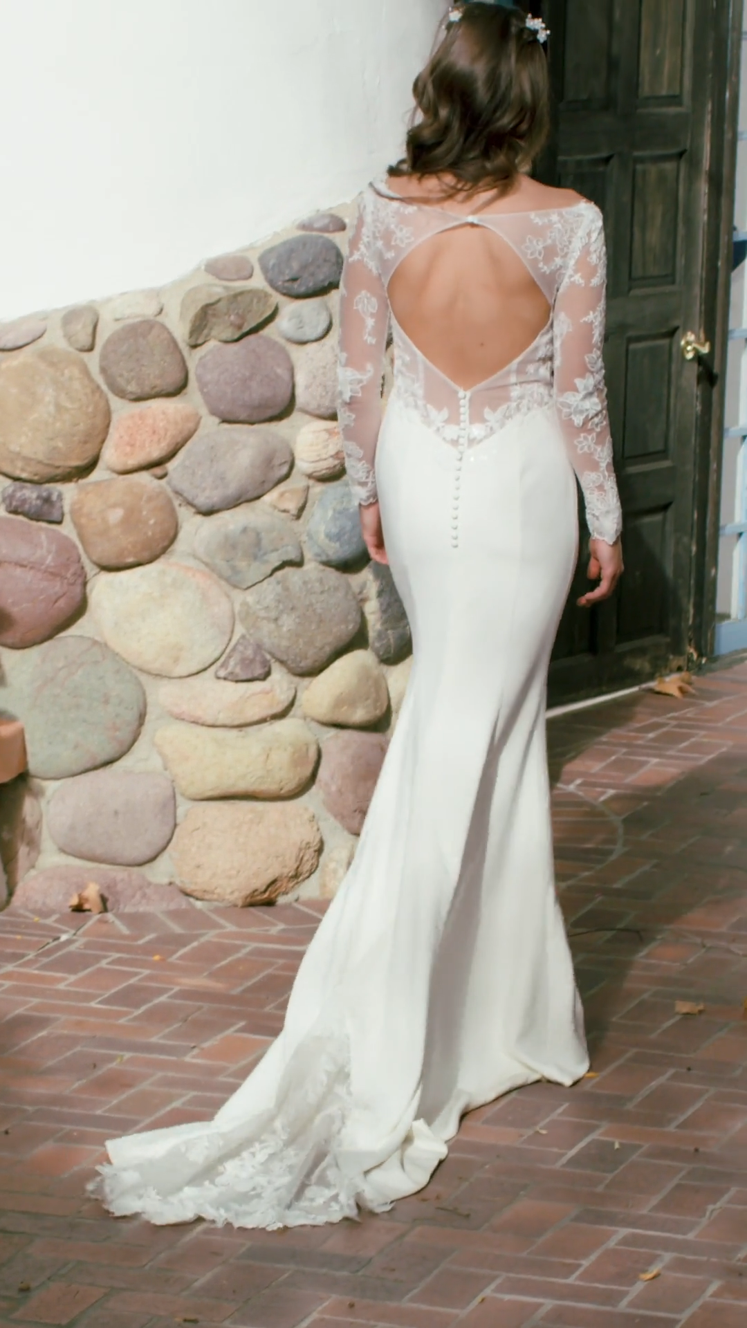 Moonlight Tango T940 Dreamy Crepe Mermaid Bridal Gown With Illusion Long Sleeves and Keyhole Back With Lace Cutout Sweep Train