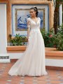 Moonlight Tango T941 Sheer Lace Long  Sleeve and Deep V-Neck Flowy Tulle A-Line Bridal Gown With Embroidered Floral Lace Bodice