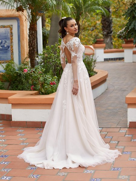 Moonlight Tango T941 Graceful Illusion Keyhole Back Bridal Gown With Scattered Lace Appliques And Tulle Sweep Train