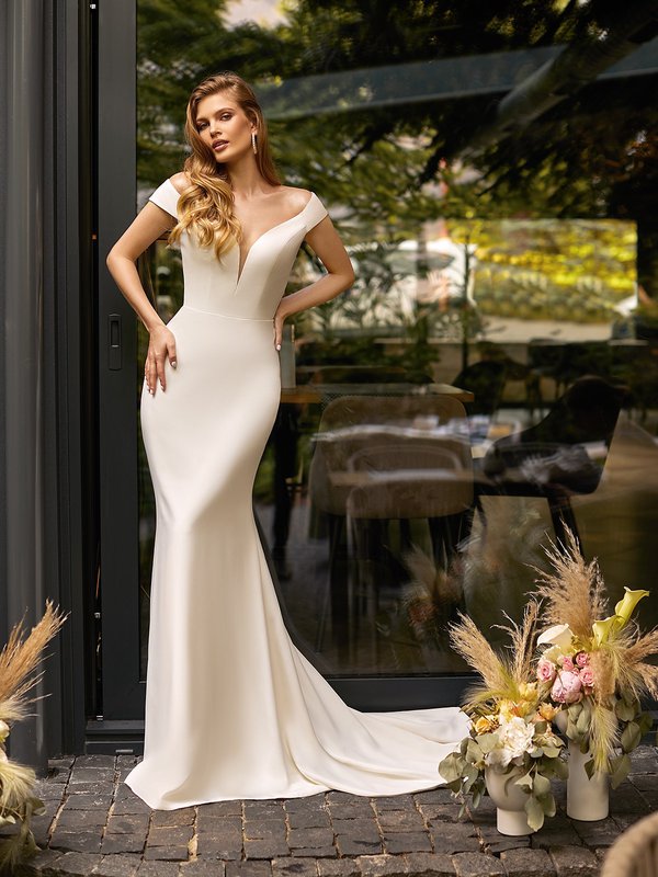 Moonlight Tango T952 Beach Wedding Inspired Off-The-Shoulder Regal Crepe Mermaid Gown