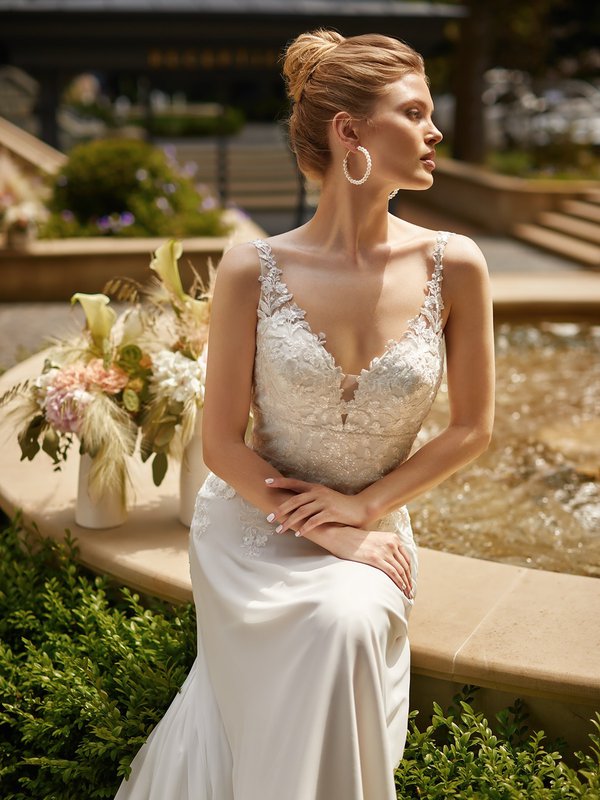 Moonlight Tango T953 Deep Sweetheart with Illusion Straps Net and Lace Appliques and Chiffon A-Line