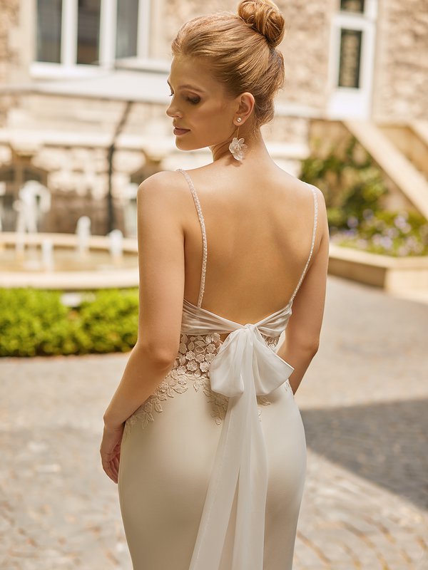 Moonlight Tango T956 Eye-Catching Deep V-Back with Chiffon Tie Back Divina Crepe Mermaid Gown