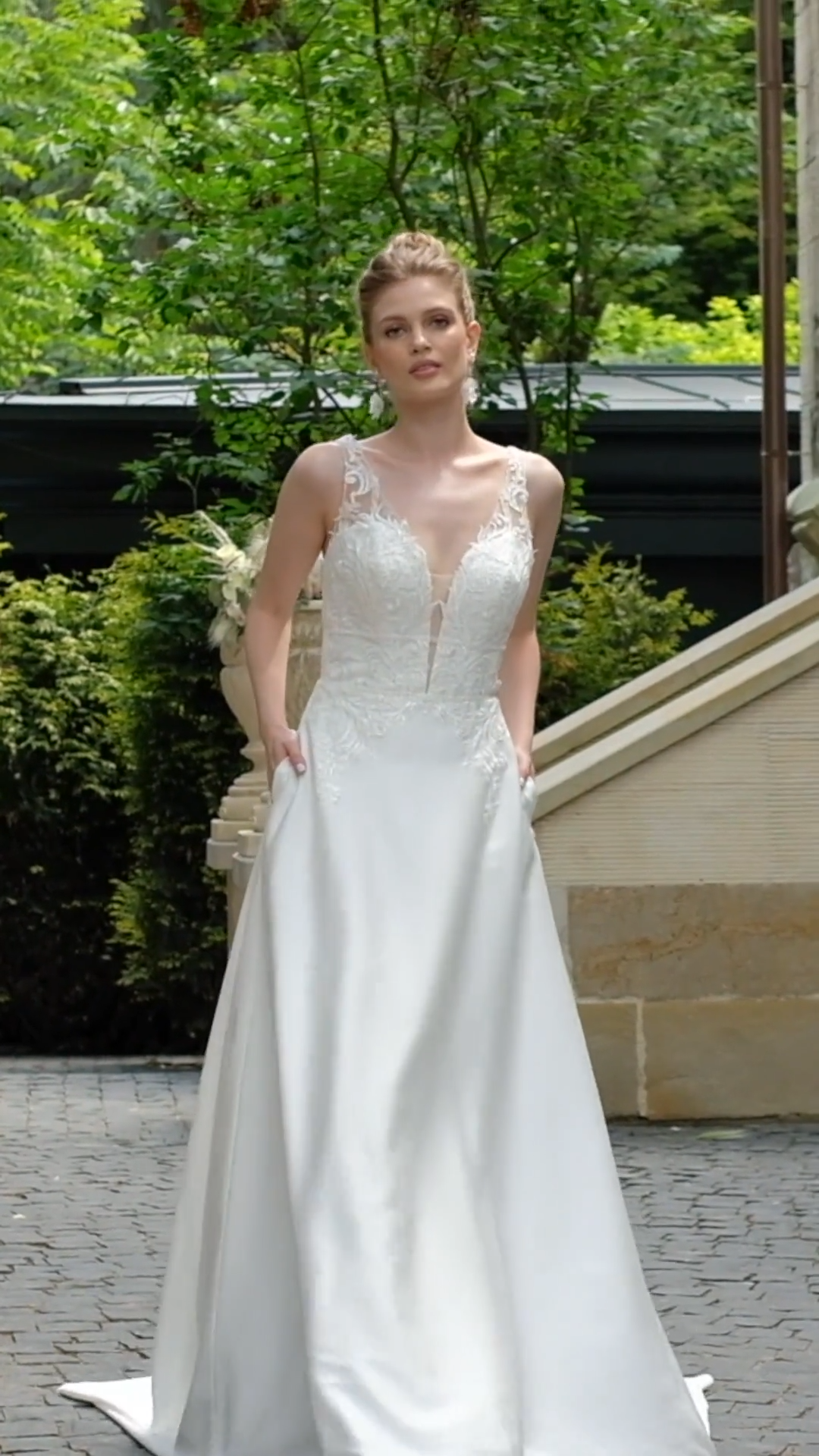 Moonlight Tango T957 Crepe Back Satin and Lace Appliques A-Line Destiantion Wedding Dress