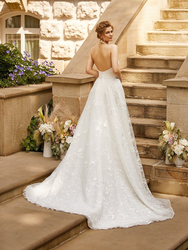 Sexy Open Back Embroidered Sequins Lace Fabric and Crepe Full A-Line Gown Moonlight Tango T959 Sexy Open Back Embroidered Sequins Lace Fabric and Crepe Full A-Line Gown Moonlight Tango T959